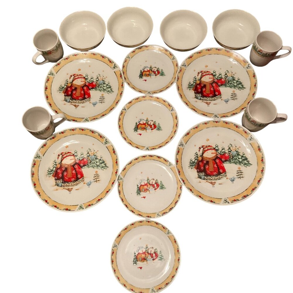 Debi Hron "Snowman Outing" 4 dinner, 4 salad plates, 4 Bowls & 4 Mugs Set